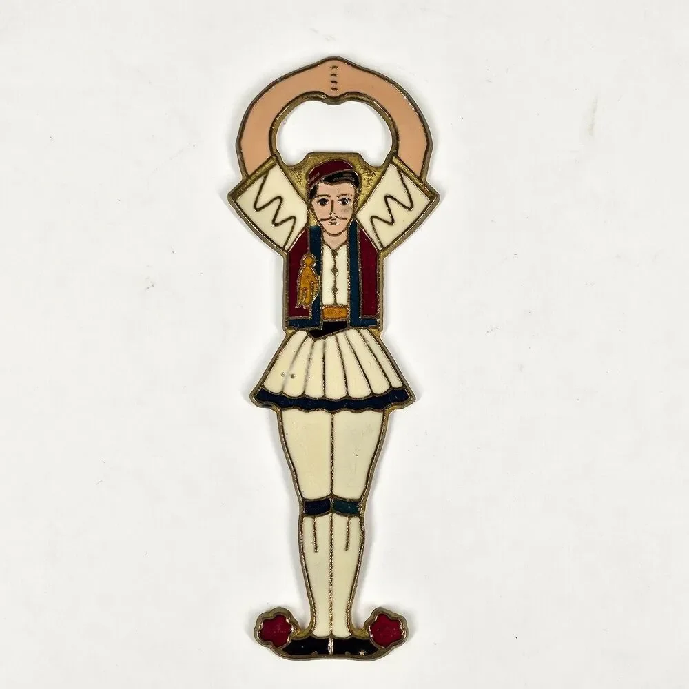 Enamel on Brass Bottle Opener Figural Male Dancer Greece Vintage